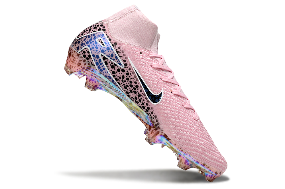 Close-up of the Nike Air Zoom Mercurial Superfly X Elite FG soccer cleat, highlighting its cutting-edge technology and sleek 