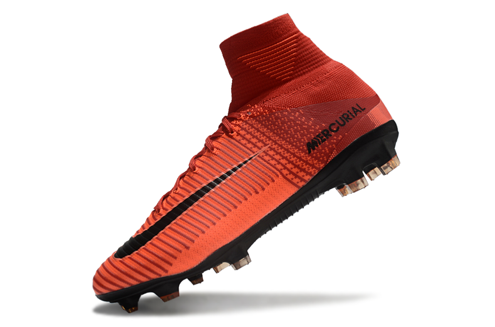 Close-up of Nike Air Zoom Mercurial Superfly V Elite FG football cleats in University Red colorway