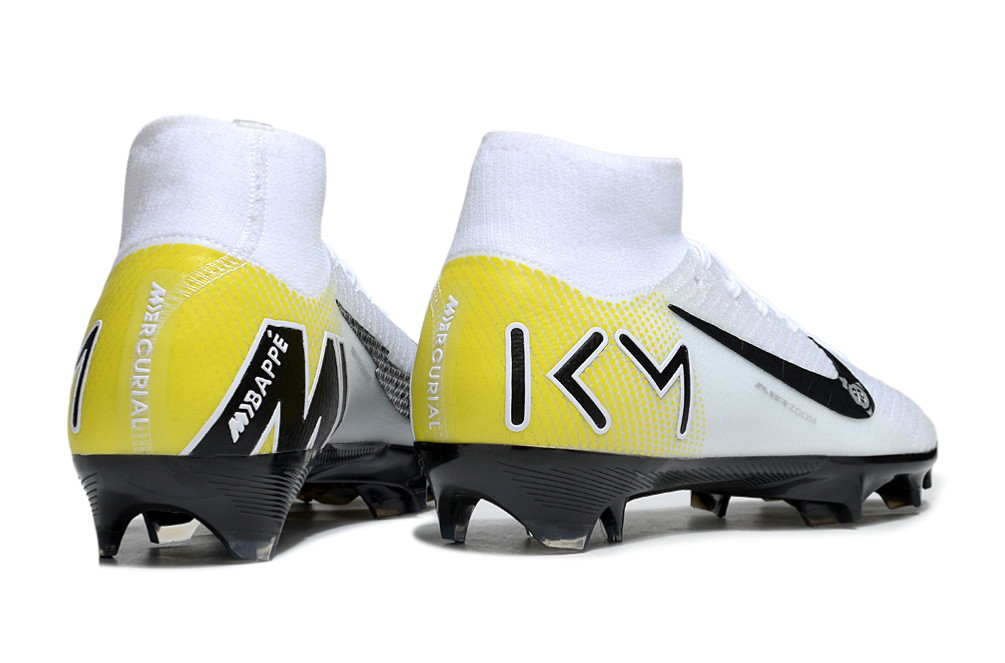 Detailed view of Kylian Mbappe's Nike Air Zoom Mercurial Superfly X Elite turf soccer cleats design