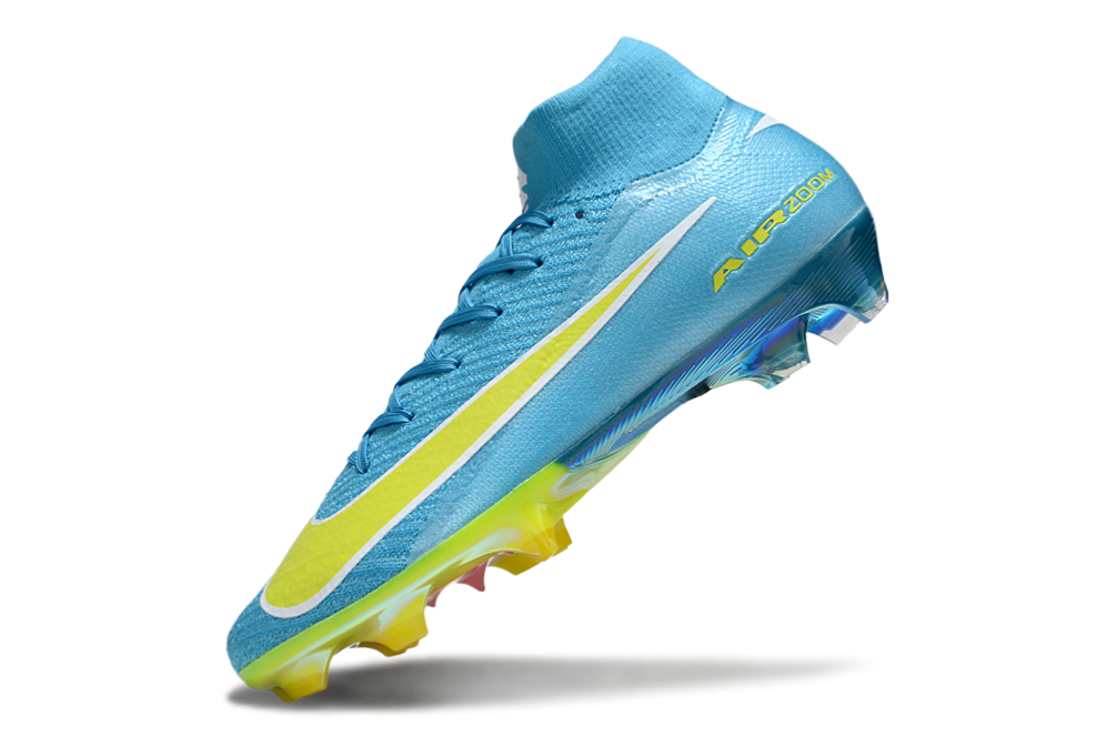 Close-up of the Nike Air Zoom Mercurial Superfly X Elite FG soccer cleat, highlighting its advanced features