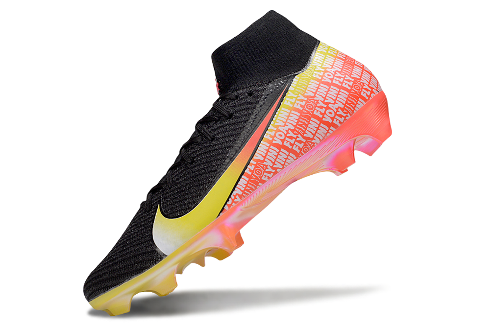 Close-up shot of Nike Air Zoom Mercurial Superfly X Elite FG soccer cleats with Vini Jr. design features.