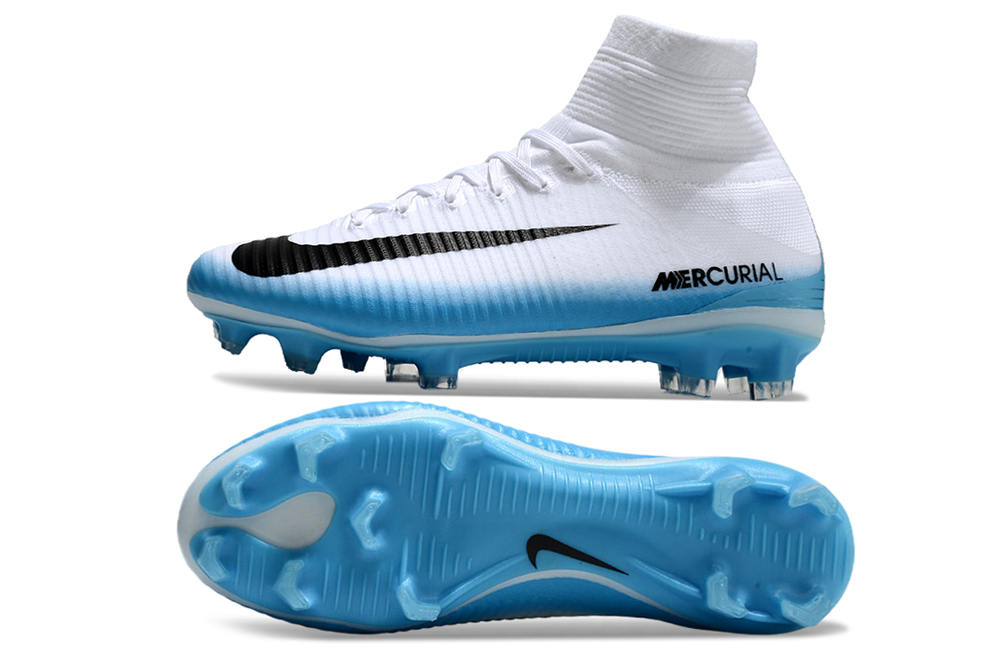 Nike Air Zoom Mercurial Superfly V Elite Football Boots from front view in Blanco Azul