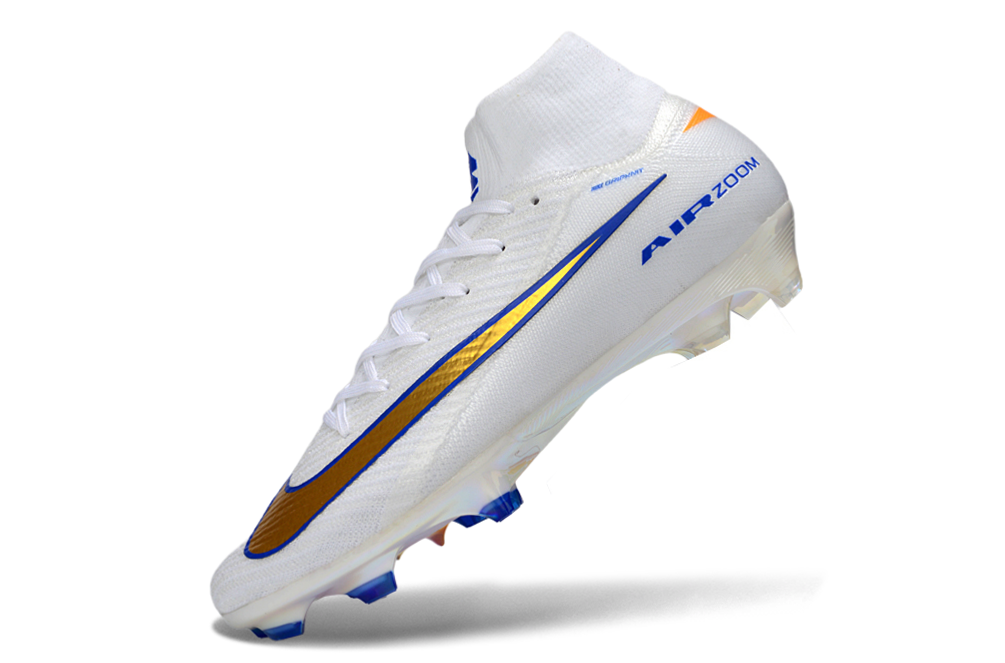 Close-up of Nike Air Zoom Mercurial Superfly X Elite FG soccer cleats, featuring innovative technology