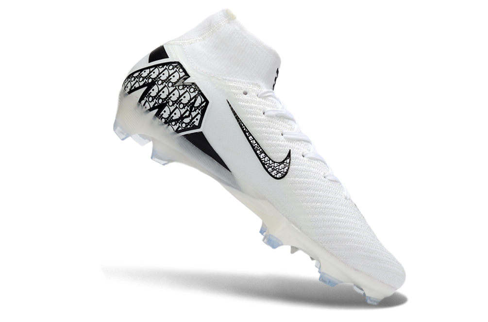 Side view of Nike Mercurial Superfly X Elite FG soccer cleats with Dior logo and design.