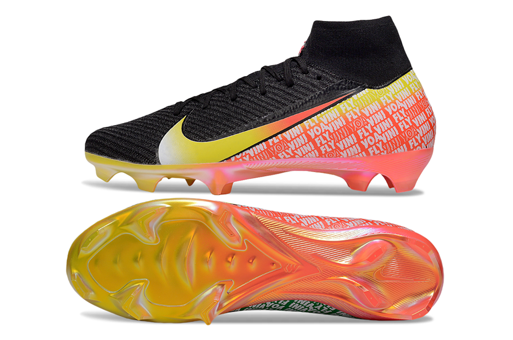 Detailed look at Nike Air Zoom Mercurial Superfly X Elite FG soccer cleats with Vini Jr. design elements.