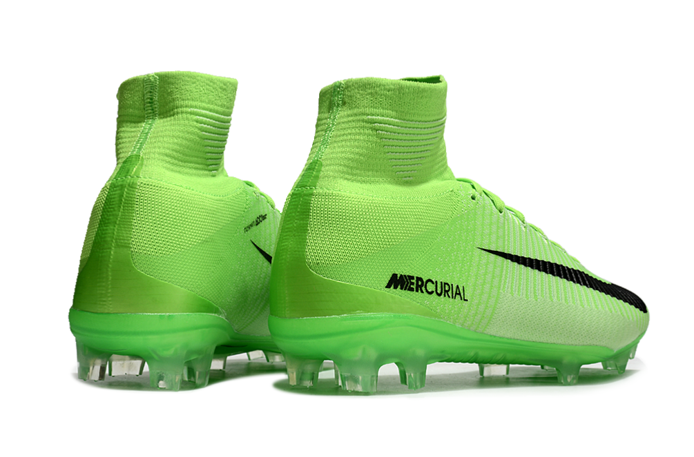 Back view of Nike Air Zoom Mercurial Superfly V Elite FG football cleats in Radiation Flare color