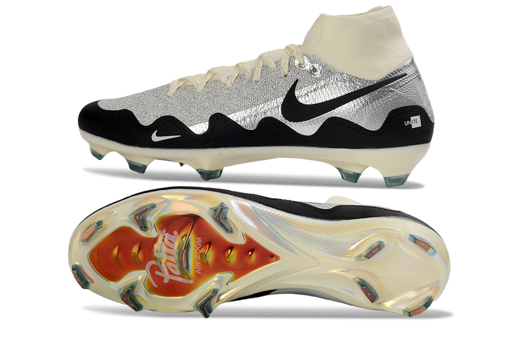 Back view of Nike Air Zoom Mercurial Superfly X Elite FG soccer cleats with White Waves and Patta